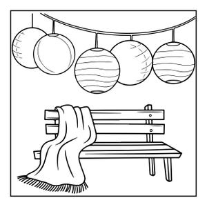 May include: A black and white line drawing of a wooden park bench with a fringed blanket draped over the back and seat. Above the bench, a string of five round paper lanterns hangs in a row, each featuring distinct horizontal line patterns.