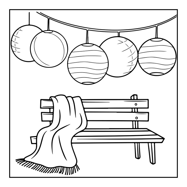 May include: A black and white line drawing of a wooden park bench with a fringed blanket draped over the back and seat. Above the bench, a string of five round paper lanterns hangs in a row, each featuring distinct horizontal line patterns.