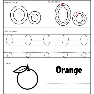A black-and-white alphabet worksheet for the letter O featuring stroke order guides, uppercase and lowercase tracing lines, a coloring picture of an orange with a leaf, and a letter recognition activity at the bottom.