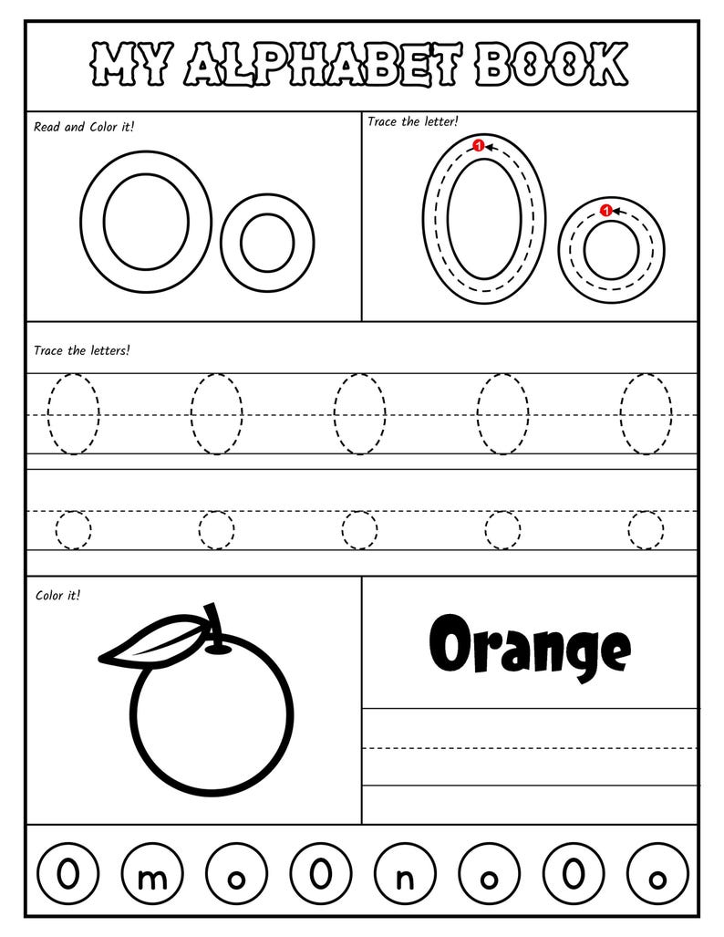 A black-and-white alphabet worksheet for the letter O featuring stroke order guides, uppercase and lowercase tracing lines, a coloring picture of an orange with a leaf, and a letter recognition activity at the bottom.