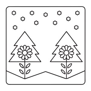 May include: A black and white line art illustration featuring two triangular evergreen trees, each centred with a large daisy flower. The scene includes a ground line and several small, six-petaled snowflake shapes scattered across the upper portion.