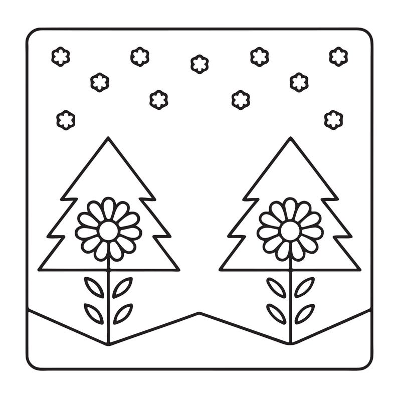 May include: A black and white line art illustration featuring two triangular evergreen trees, each centred with a large daisy flower. The scene includes a ground line and several small, six-petaled snowflake shapes scattered across the upper portion.