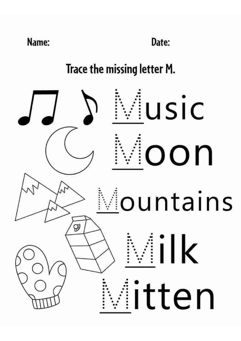 Op de afbeelding: Een zwart-wit educatief werkblad met de titel Trace the missing letter M. Het bevat illustraties van muzieknoten, een halve maan, bergen, een melkpak en een want met stippen, elk gekoppeld aan het bijbehorende woord dat begint met de letter M.