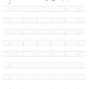 May include: A black and white educational worksheet for handwriting practice featuring the letter j. The page includes the word jug, a small line drawing of a jug, and multiple rows of dashed letter j characters for tracing on lined paper.