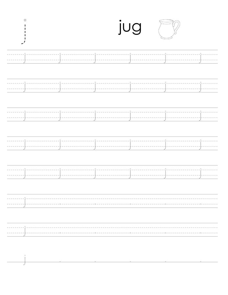 May include: A black and white educational worksheet for handwriting practice featuring the letter j. The page includes the word jug, a small line drawing of a jug, and multiple rows of dashed letter j characters for tracing on lined paper.