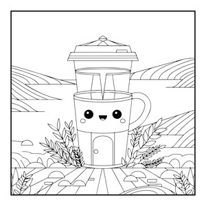 Peut inclure: Une page de coloriage en noir et blanc repr&eacute;sentant un personnage en forme de tasse &agrave; caf&eacute; avec un visage souriant, de grands yeux et une petite porte sur le c&ocirc;t&eacute;. La tasse est pos&eacute;e sur une terrasse en bois entour&eacute;e de plantes feuillues.