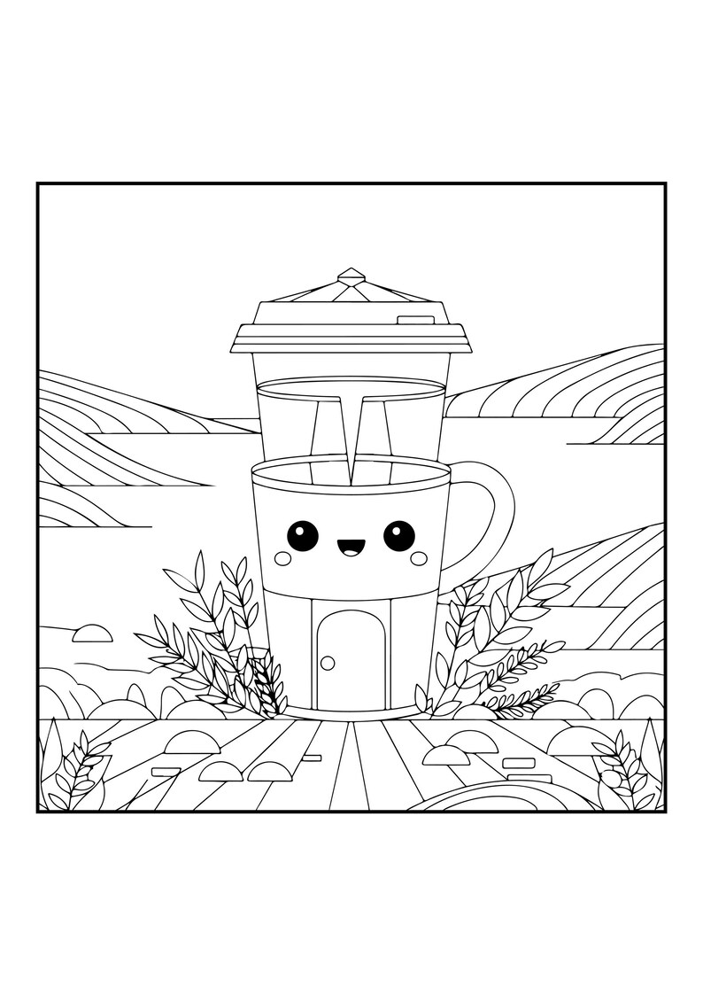 Peut inclure: Une page de coloriage en noir et blanc repr&eacute;sentant un personnage en forme de tasse &agrave; caf&eacute; avec un visage souriant, de grands yeux et une petite porte sur le c&ocirc;t&eacute;. La tasse est pos&eacute;e sur une terrasse en bois entour&eacute;e de plantes feuillues.