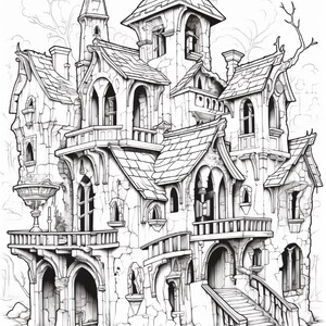 May include: A black and white line art illustration of a multi-story stone building with multiple towers, arched windows, balconies, and a staircase leading to an entrance. The structure features textured masonry, shingled roofs, and bare tree branches.