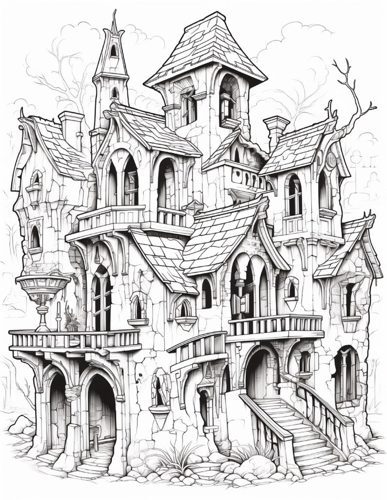 May include: A black and white line art illustration of a multi-story stone building with multiple towers, arched windows, balconies, and a staircase leading to an entrance. The structure features textured masonry, shingled roofs, and bare tree branches.