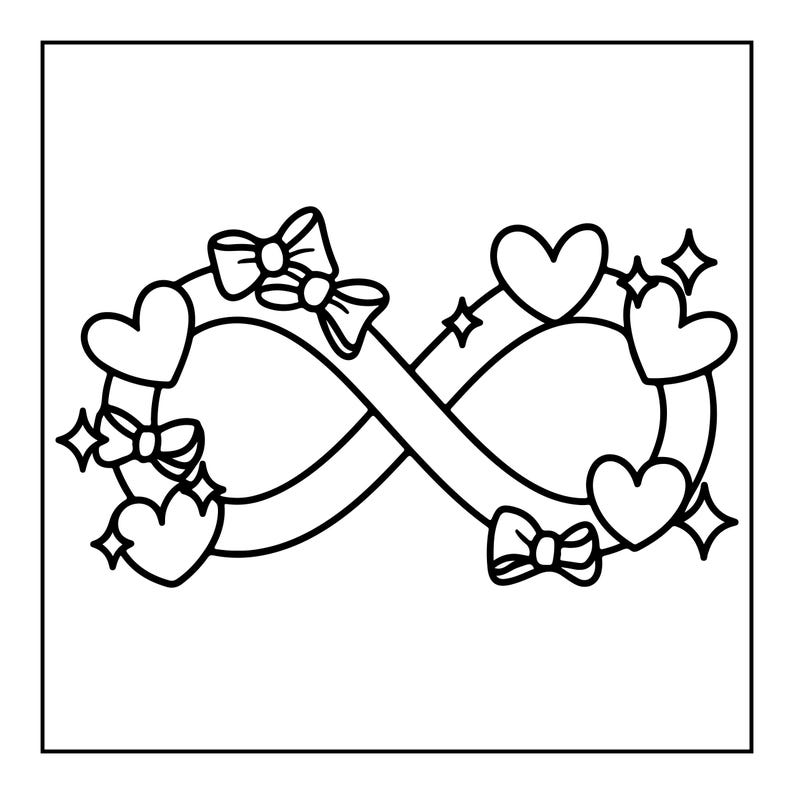 Pode incluir: Uma ilustra&ccedil;&atilde;o de arte linear em preto e branco de um s&iacute;mbolo de infinito decorado com tr&ecirc;s pequenos la&ccedil;os, tr&ecirc;s cora&ccedil;&otilde;es e quatro estrelas de quatro pontas. O design apresenta contornos limpos e arrojados sobre um fundo branco.
