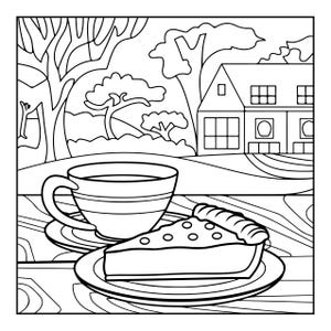 May include: A black and white line art colouring page featuring a slice of pie on a plate next to a cup of coffee. The scene is set on a wooden table with a view of a house and trees in the background. The illustration uses bold outlines.
