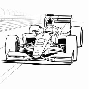 Black and white printable coloring sheet of a racing car viewed head-on from a low angle on a track with a barrier in the background.