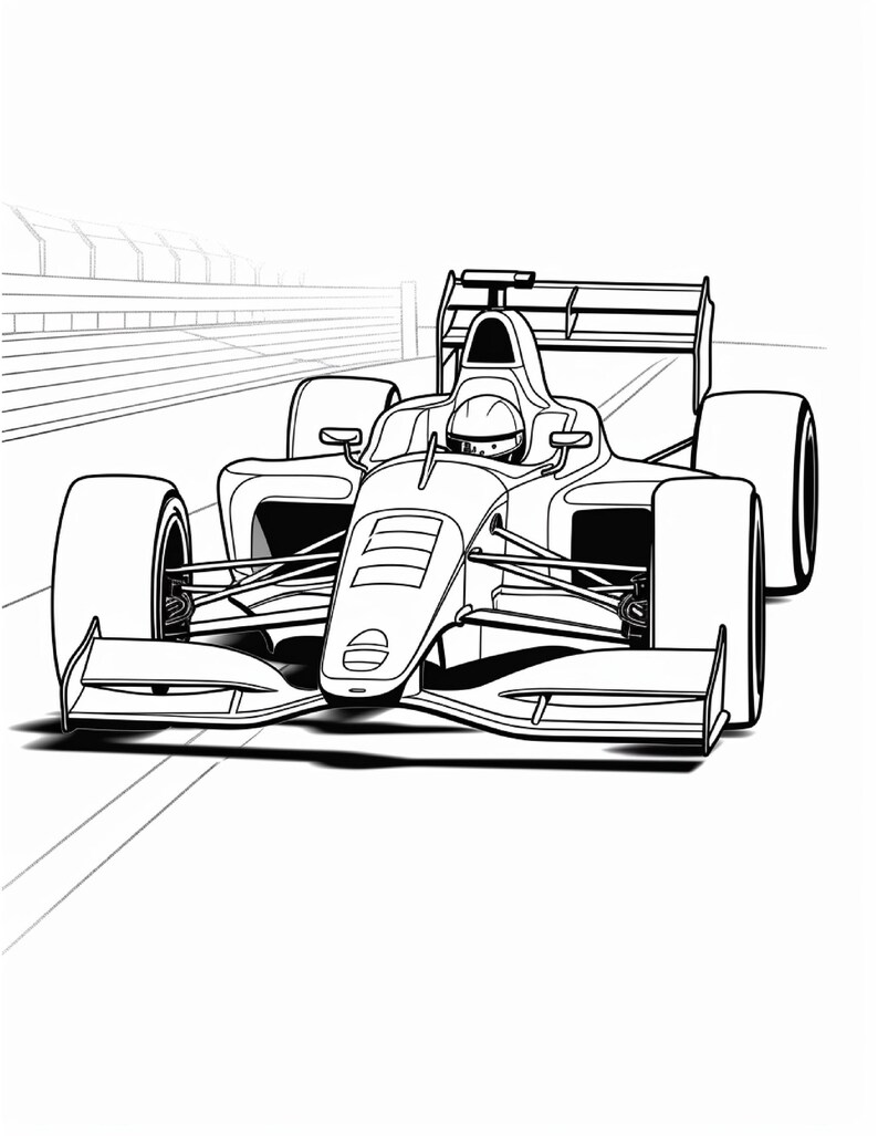 Black and white printable coloring sheet of a racing car viewed head-on from a low angle on a track with a barrier in the background.