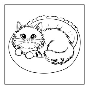 May include: A black and white line art illustration of a fluffy cat with large eyes resting inside a round, tufted pet bed. The cat is positioned in the center, facing forward with its paws tucked in, surrounded by the circular outline of the bed.