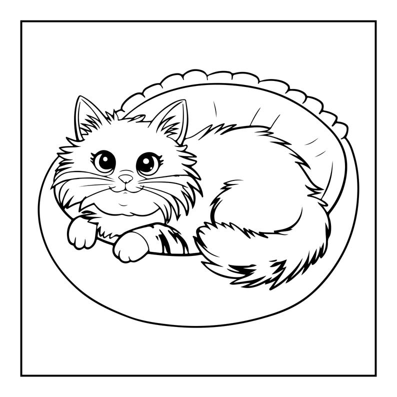 May include: A black and white line art illustration of a fluffy cat with large eyes resting inside a round, tufted pet bed. The cat is positioned in the center, facing forward with its paws tucked in, surrounded by the circular outline of the bed.