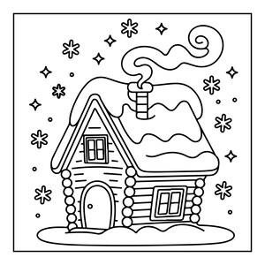 May include: A black and white line art illustration of a log cabin with a snow-covered roof and chimney emitting swirling smoke. The scene features a central arched door, two rectangular windows, and several stylised snowflakes in the air.