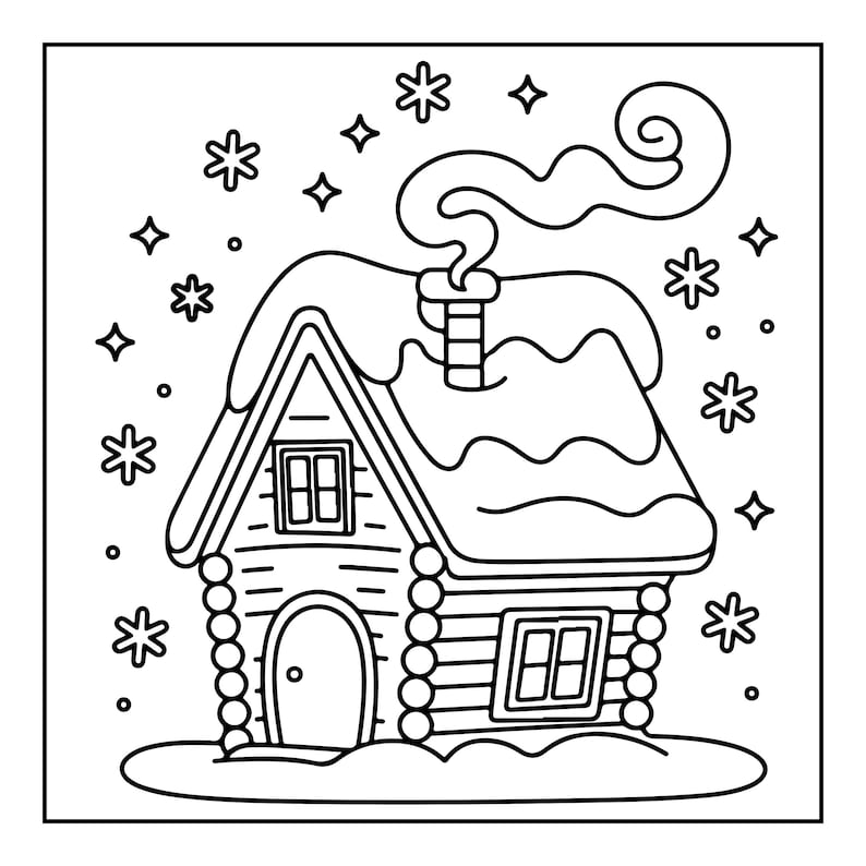 May include: A black and white line art illustration of a log cabin with a snow-covered roof and chimney emitting swirling smoke. The scene features a central arched door, two rectangular windows, and several stylised snowflakes in the air.