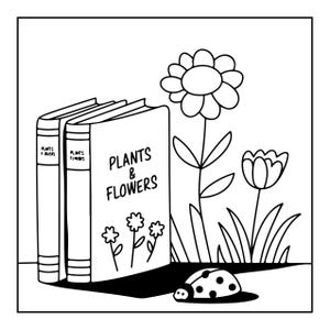 A line drawing of three books, one open to "PLANTS & FLOWERS", next to a large flower, a tulip, and a ladybug.