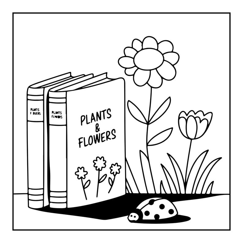 A line drawing of three books, one open to "PLANTS & FLOWERS", next to a large flower, a tulip, and a ladybug.