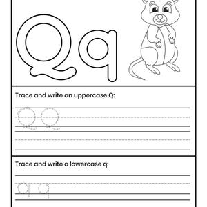 Pu&ograve; includere: Una scheda didattica in bianco e nero con la lettera Qq, un quokka a cartoni animati e linee per tracciare e scrivere. Il testo recita: Color the letter Qq and a Quokka, Trace and write an uppercase Q e Trace and write a lowercase q.