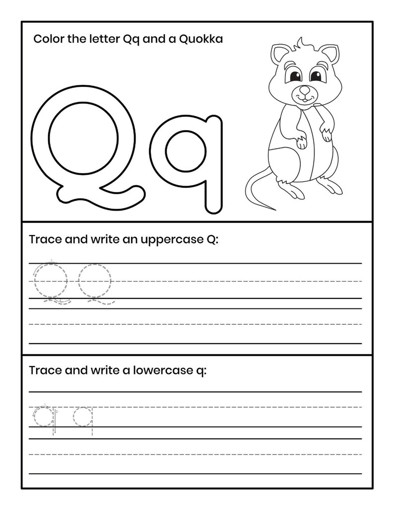 Pu&ograve; includere: Una scheda didattica in bianco e nero con la lettera Qq, un quokka a cartoni animati e linee per tracciare e scrivere. Il testo recita: Color the letter Qq and a Quokka, Trace and write an uppercase Q e Trace and write a lowercase q.