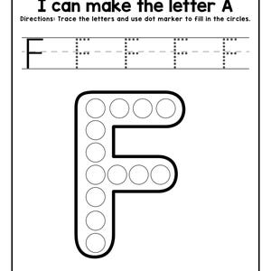 A black and white printable worksheet featuring uppercase letter F to trace and an outline of the letter F filled with dot circles, with the text F is for Frog.