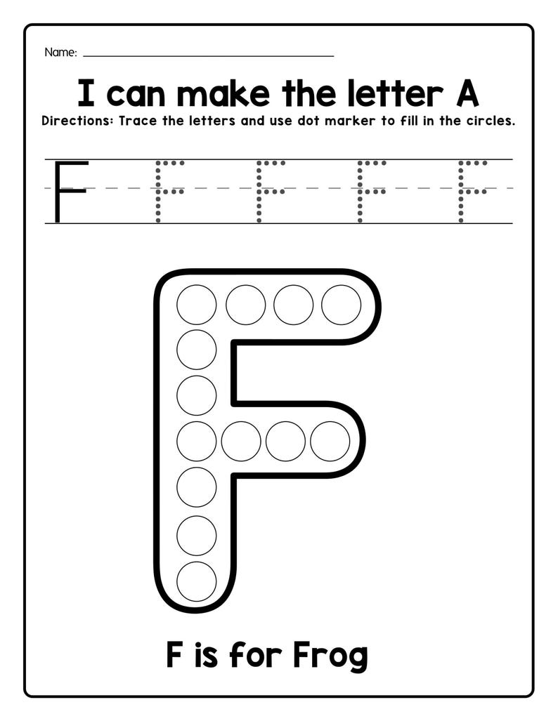A black and white printable worksheet featuring uppercase letter F to trace and an outline of the letter F filled with dot circles, with the text F is for Frog.