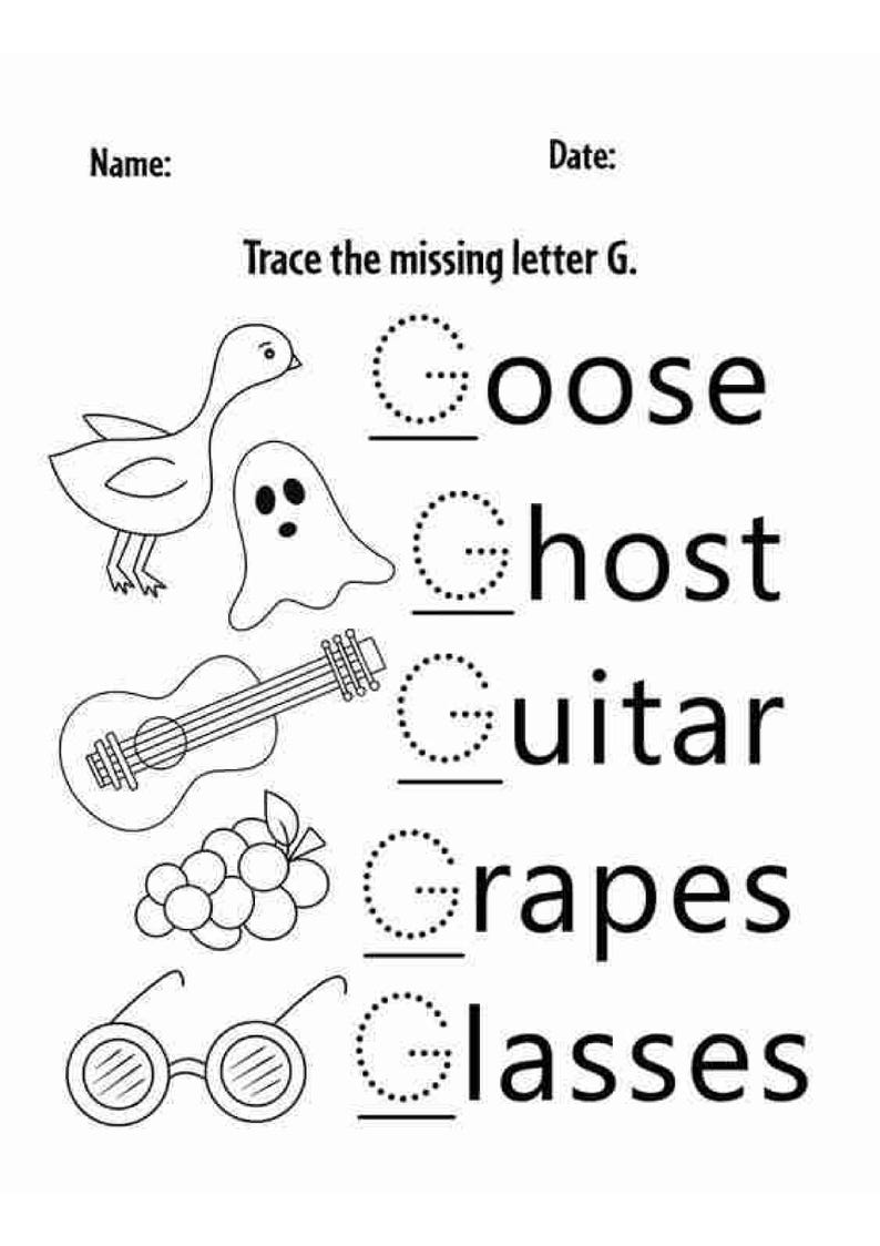 Op de afbeelding: Een zwart-wit educatief werkblad met de titel Trace the missing letter G. Het bevat lijntekeningen van een gans, geest, gitaar, druiven en een bril, elk gekoppeld aan het woord waarbij de letter G met een stippellijn is weergegeven.