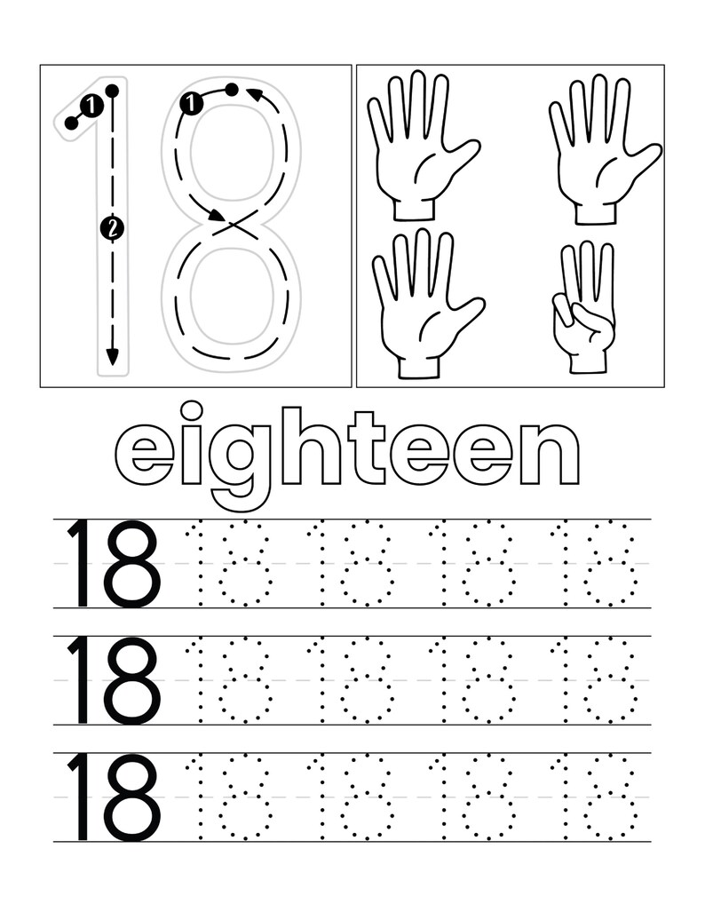 May include: A black and white educational worksheet for learning the number eighteen. It features a large dashed number 18 with directional arrows, four hand illustrations showing fingers, the word eighteen, and rows of practice tracing lines.