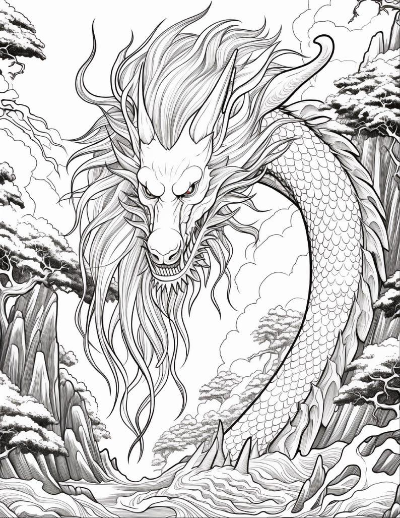 Puede incluir: Una ilustraci&oacute;n de arte lineal en blanco y negro que presenta un drag&oacute;n largo y serpentino con una melena y escamas detalladas. El drag&oacute;n est&aacute; posicionado entre picos monta&ntilde;osos irregulares, &aacute;rboles estilizados y agua que fluye.