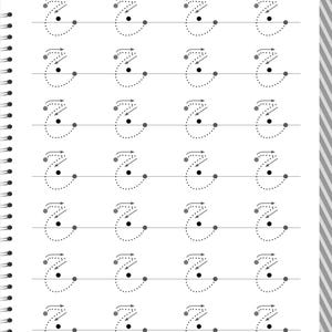Peut inclure: Une page de feuille d'exercice blanche pr&eacute;sentant des rang&eacute;es de caract&egrave;res en pointill&eacute;s avec des fl&egrave;ches directionnelles pour le tra&ccedil;age. La page comprend une reliure &agrave; spirale sur le c&ocirc;t&eacute; gauche, des lignes horizontales et le chiffre 12.