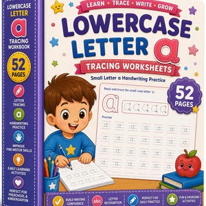 以下が含まれることがあります： 小文字の「a」をなぞる52ページの練習帳。ワークシートに書き込む子供のイラストが描かれています。表紙には「LEARN TRACE WRITE GROW」、「LOWERCASE LETTER a TRACING WORKSHEETS」、「Small Letter a Handwriting Practice」という文字が記載されています。