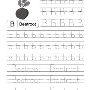 Pode incluir: Uma folha de exerc&iacute;cios educativa em preto e branco para praticar a escrita, com um gr&aacute;fico de uma beterraba, a letra B e a palavra Beetroot. A p&aacute;gina inclui linhas de letras B mai&uacute;sculas, b min&uacute;sculas e a palavra Beetroot pontilhadas.