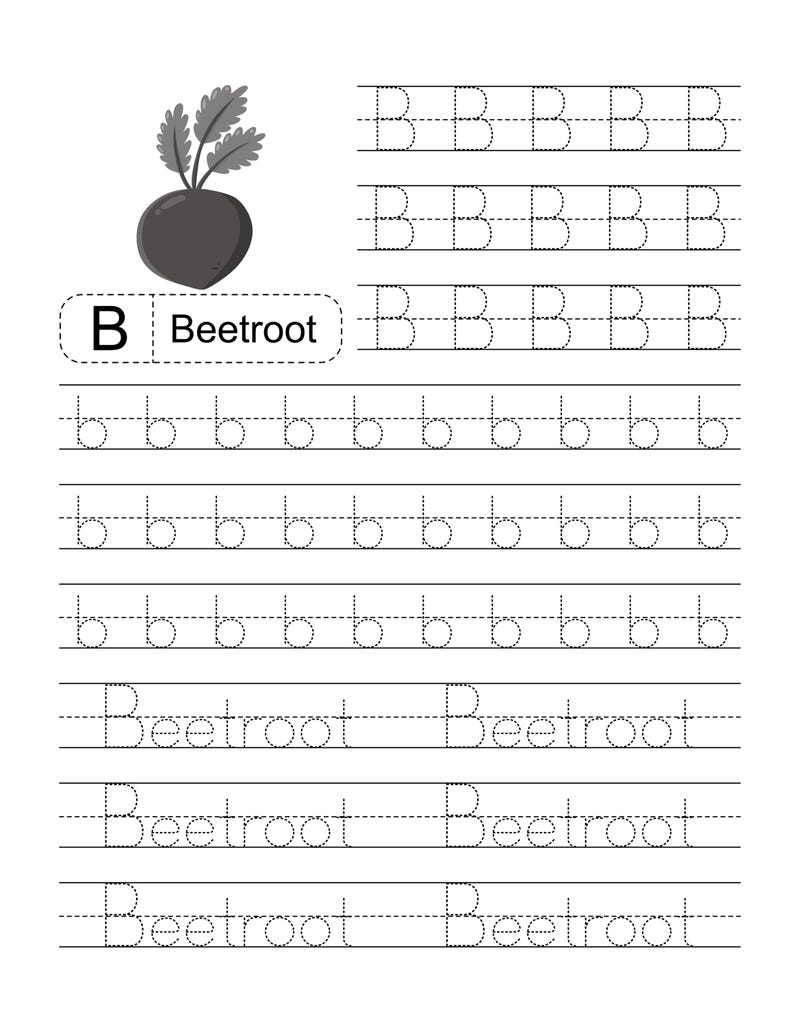 Pode incluir: Uma folha de exerc&iacute;cios educativa em preto e branco para praticar a escrita, com um gr&aacute;fico de uma beterraba, a letra B e a palavra Beetroot. A p&aacute;gina inclui linhas de letras B mai&uacute;sculas, b min&uacute;sculas e a palavra Beetroot pontilhadas.