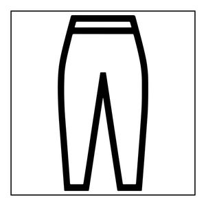 Op de afbeelding: Een zwart-wit lijntekening-icoon van een broek. De afbeelding toont een eenvoudige, dikke omtrek van een broek met een rechte tailleband en toelopende pijpen, gepresenteerd als een platte, minimalistische vectorillustratie op een witte achtergrond.