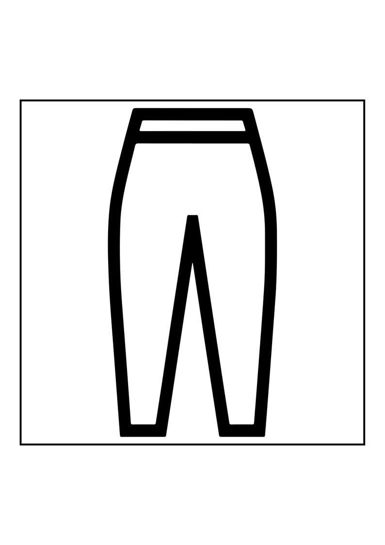 Op de afbeelding: Een zwart-wit lijntekening-icoon van een broek. De afbeelding toont een eenvoudige, dikke omtrek van een broek met een rechte tailleband en toelopende pijpen, gepresenteerd als een platte, minimalistische vectorillustratie op een witte achtergrond.