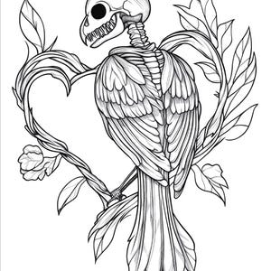 Puede incluir: Una ilustraci&oacute;n de arte lineal en blanco y negro que muestra un p&aacute;jaro esquel&eacute;tico con cabeza de calavera y caja tor&aacute;cica expuesta. El p&aacute;jaro est&aacute; posado dentro de un marco en forma de coraz&oacute;n formado por ramas espinosas y hojas entrelazadas.