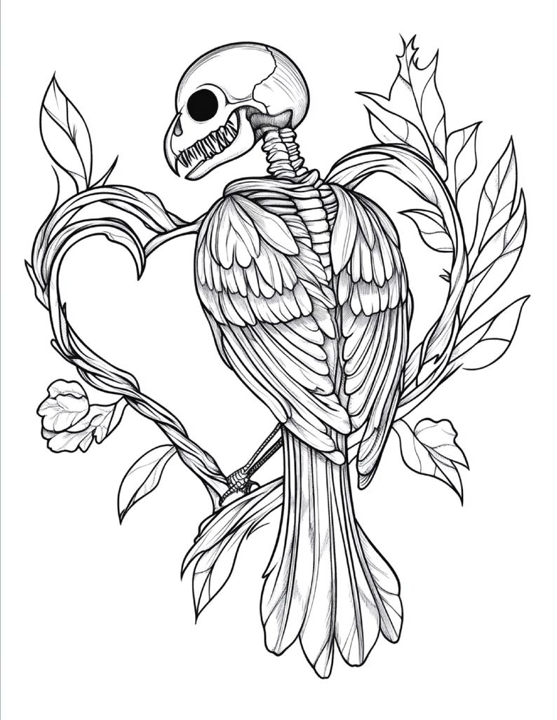 Puede incluir: Una ilustraci&oacute;n de arte lineal en blanco y negro que muestra un p&aacute;jaro esquel&eacute;tico con cabeza de calavera y caja tor&aacute;cica expuesta. El p&aacute;jaro est&aacute; posado dentro de un marco en forma de coraz&oacute;n formado por ramas espinosas y hojas entrelazadas.