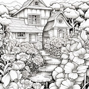 以下が含まれることがあります： 切妻屋根の2階建て住宅の白黒線画イラスト。入り口へと続く石畳の小道が描かれています。住宅は密集した花々や草木に囲まれており、背景には木々が見えます。