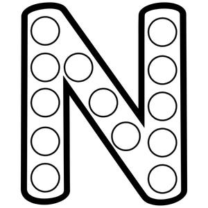 Black and white outline of the uppercase letter N filled with circular dot marker spaces.