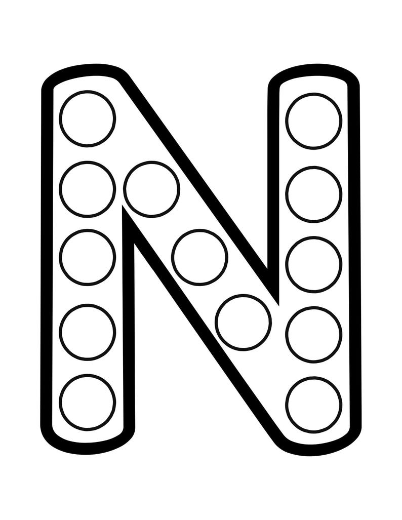 Black and white outline of the uppercase letter N filled with circular dot marker spaces.