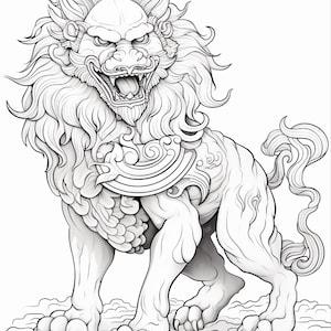 May include: A black and white line art illustration of a mythical lion creature with a flowing mane, sharp teeth, and a snarling expression. The creature features intricate swirling patterns on its chest and a long, curled tail, rendered in detail.