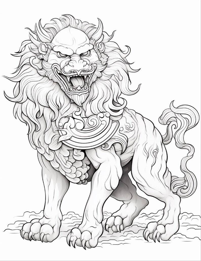 May include: A black and white line art illustration of a mythical lion creature with a flowing mane, sharp teeth, and a snarling expression. The creature features intricate swirling patterns on its chest and a long, curled tail, rendered in detail.