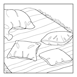 May include: A black and white line art illustration featuring a striped blanket with fringe edges. Four square pillows are arranged on the surface of the blanket, each decorated with a simple leaf-like pattern. The drawing uses clean outlines.