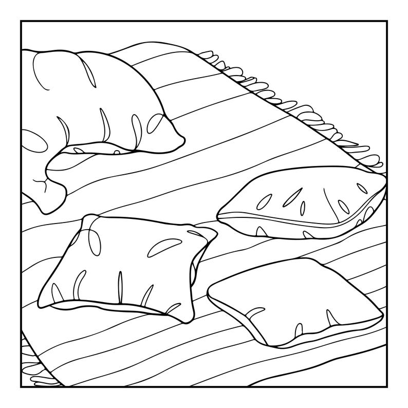May include: A black and white line art illustration featuring a striped blanket with fringe edges. Four square pillows are arranged on the surface of the blanket, each decorated with a simple leaf-like pattern. The drawing uses clean outlines.