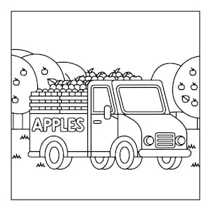 May include: A black and white line art illustration of a truck carrying a load of apples in its bed. The side of the truck features the word APPLES in bold capital letters. The vehicle is positioned in an orchard with apple trees in the background.