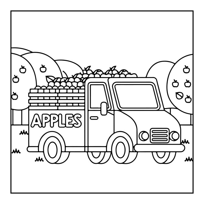 May include: A black and white line art illustration of a truck carrying a load of apples in its bed. The side of the truck features the word APPLES in bold capital letters. The vehicle is positioned in an orchard with apple trees in the background.
