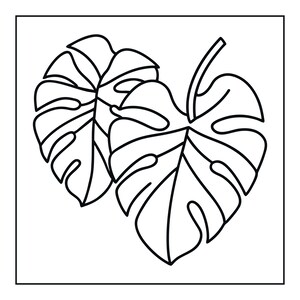 May include: A black and white line art illustration featuring two overlapping monstera leaves. The design consists of bold, clean outlines on a plain white background, showcasing the characteristic split and fenestrated leaf structure.