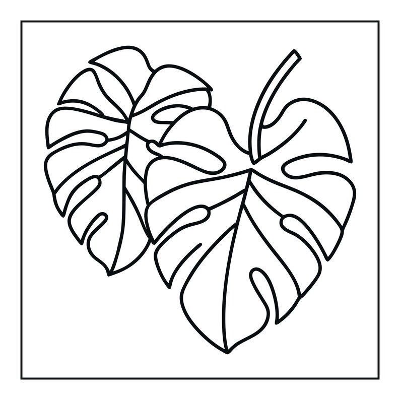 May include: A black and white line art illustration featuring two overlapping monstera leaves. The design consists of bold, clean outlines on a plain white background, showcasing the characteristic split and fenestrated leaf structure.