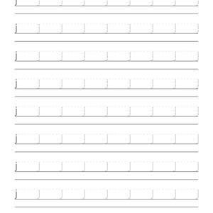 May include: A white educational worksheet featuring nine horizontal rows of black lines. Each row contains a series of dashed, light grey lowercase letter j characters designed for handwriting practice, arranged in a repeating pattern across the page.